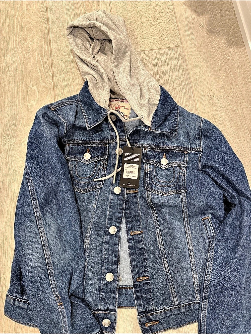True Religion Denim Trucker Hoodie Jacket Blue & Gray Small NWT